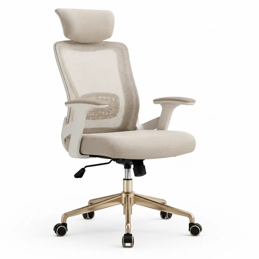 Chaise de bureau ergonomique à roulettes dossier en maille appui-tête réglable base étoile métal doré hauteur réglable beige 65 cm x 65 cm x 115-125 cm