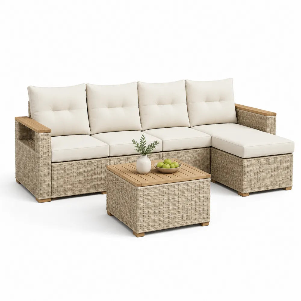 Salon de jardin canapé d’angle 4 places avec méridienne droite résine tressée PE structure aluminium coussins polyester écru table basse bois d’acacia 245 cm 180 cm 78 cm