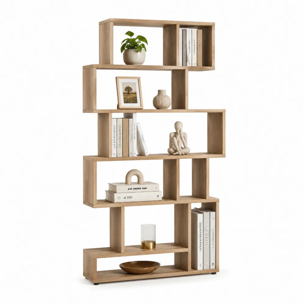 Bibliothèque étagère asymétrique structure zigzag en MDF finition bois chêne clair dimensions 90 cm 30 cm 180 cm