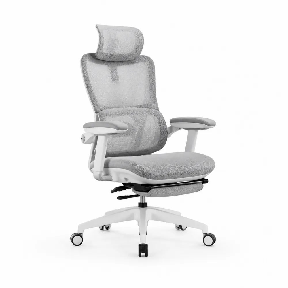 Chaise de bureau ergonomique dossier en maille repose-tête réglable base 5 branches roulettes hauteur réglable 115-125 cm gris blanc noir 60 x 60 cm