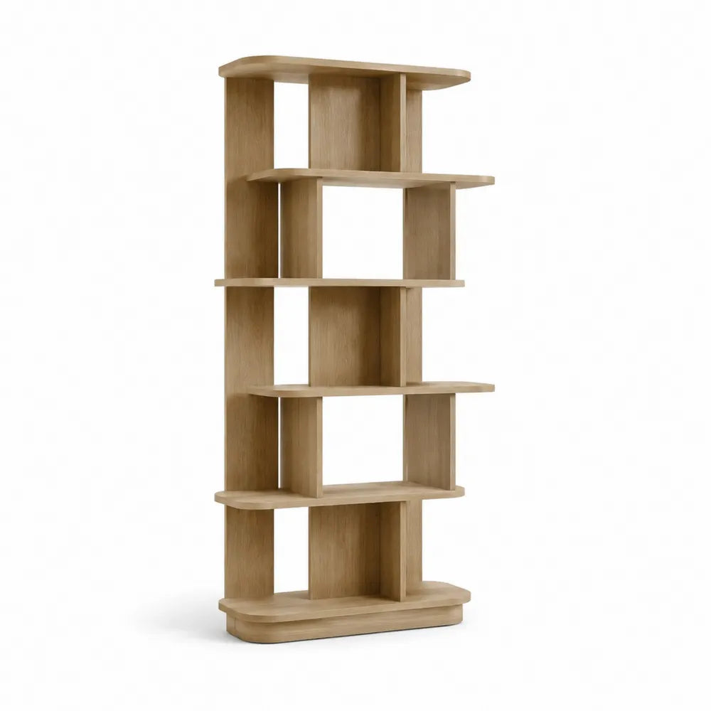 Étagère sur pied bois MDF mélaminé chêne clair rangement vertical asymétrique multi-niveaux 170 x 60 x 30 cm