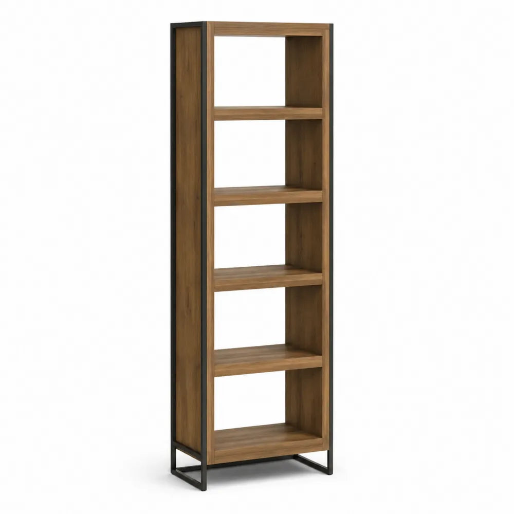 Étagère sur pied bibliothèque verticale 5 niveaux MDF mélaminé effet chêne structure acier thermolaqué noir rectangulaire 170 cm 60 cm 30 cm
