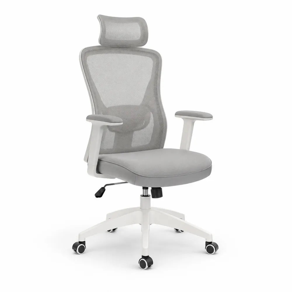 Chaise de bureau ergonomique à roulettes dossier en maille appui-tête réglable base étoile blanche hauteur réglable 115-125 cm gris