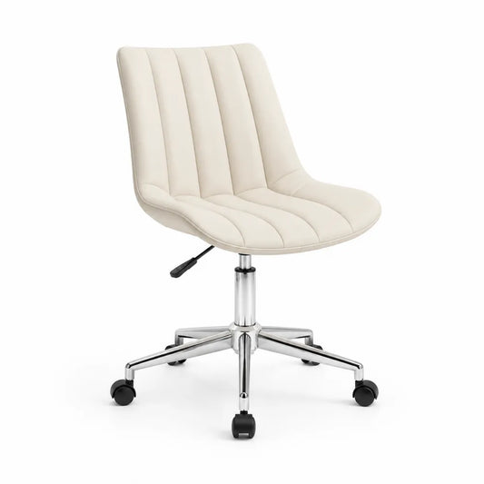 Chaise de bureau pivotante réglable 56 cm x 58 cm x 82-94 cm revêtement PU crème base acier chromé sans accoudoirs