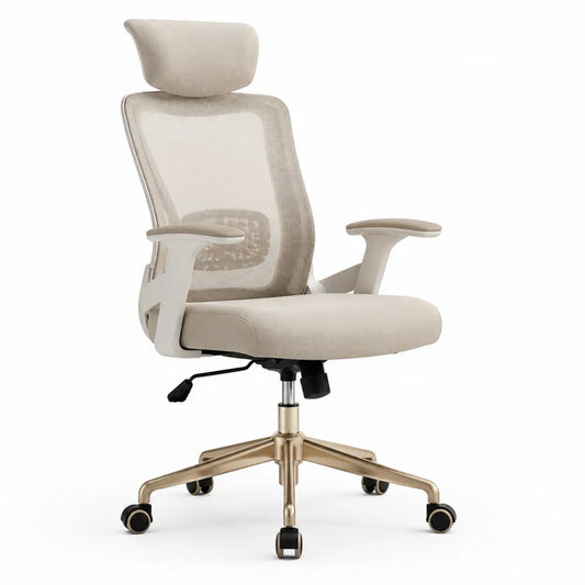 Chaise de bureau ergonomique à roulettes dossier en maille appui-tête réglable base étoile métal doré hauteur réglable beige 65 cm x 65 cm x 115-125 cm