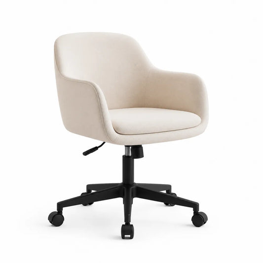 Chaise de bureau pivotante 60 x 60 x 85 cm tissu beige base métal noir à roulettes structure 5 branches accoudoirs intégrés