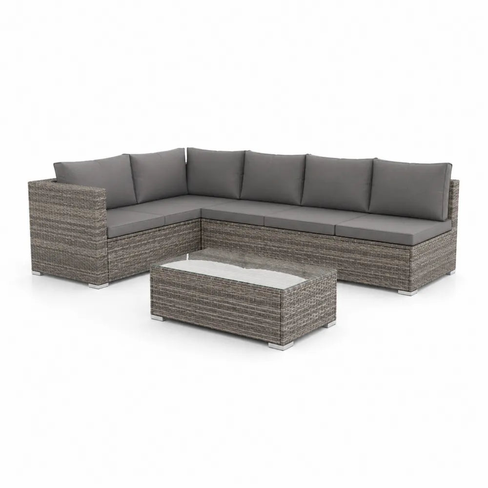 Salon de jardin canapé d’angle modulable 4 places résine tressée gris structure aluminium coussins polyester gris table basse plateau verre trempé ensemble extérieur
