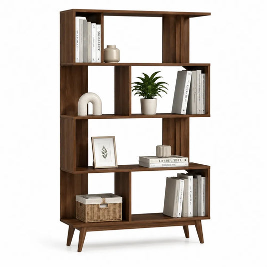 Bibliothèque étagère asymétrique 5 niveaux bois décor noyer panneau de particules mélaminé 100 cm 30 cm 170 cm