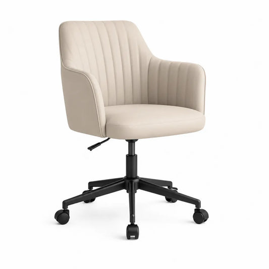 Chaise de bureau à roulettes réglable 58 x 60 x 82-94 cm revêtement PU crème avec accoudoirs base métal noir