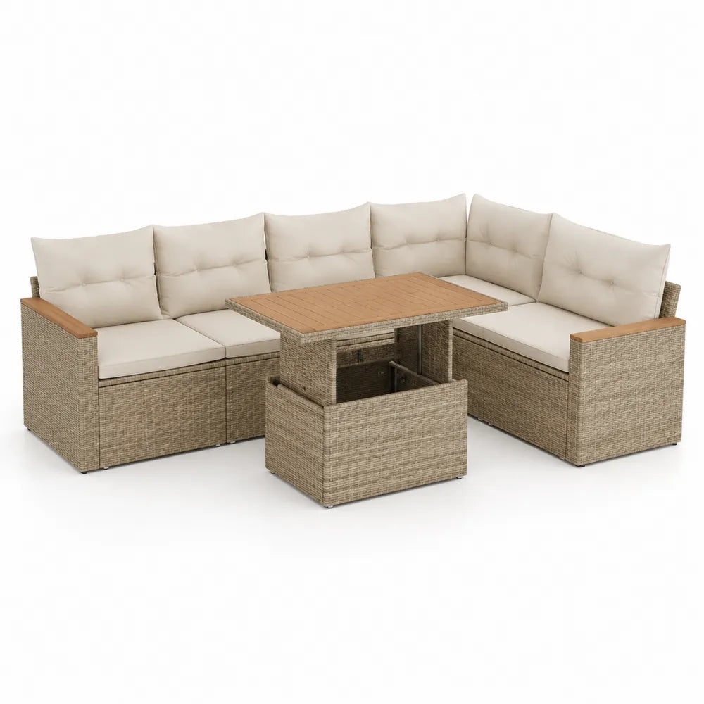 Salon de jardin d’angle modulable résine tressée polyéthylène aluminium coussins polyester table basse bois 4 pièces