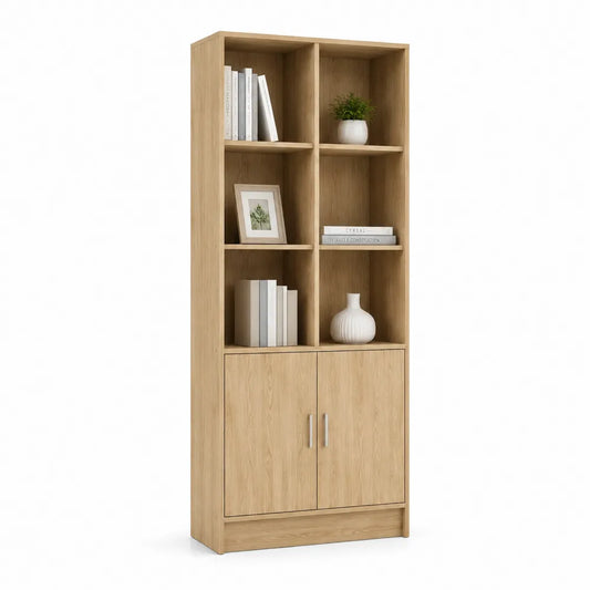 Bibliothèque avec portes et étagères ouvertes bois décor chêne clair panneau MDF 80 cm 30 cm 180 cm