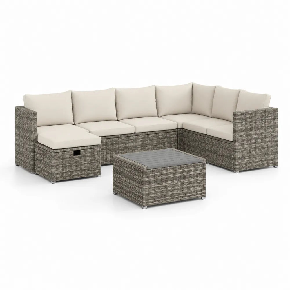 Salon de jardin canapé d’angle modulable 4 pièces résine tressée gris coussins polyester beige table basse plateau verre trempé ensemble extérieur