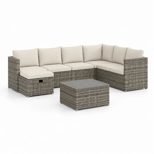 Salon de jardin canapé d’angle modulable 4 pièces résine tressée gris coussins polyester beige table basse plateau verre trempé ensemble extérieur