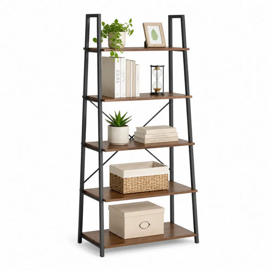Étagère sur pied type échelle 5 niveaux plateaux effet noyer structure métal noir dimensions environ 60 cm 35 cm 170 cm