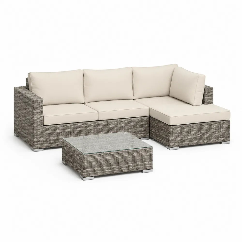 Canapé de jardin d’angle 5 places résine tressée polyéthylène aluminium coussins polyester beige table basse verre trempé 220 cm 180 cm 65 cm