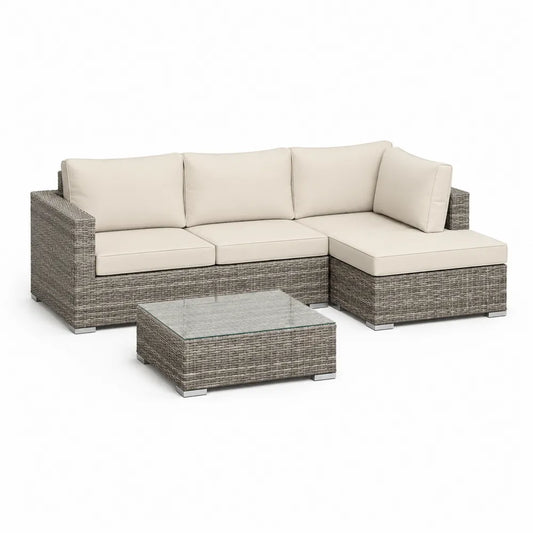Canapé de jardin d’angle 5 places résine tressée polyéthylène aluminium coussins polyester beige table basse verre trempé 220 cm 180 cm 65 cm
