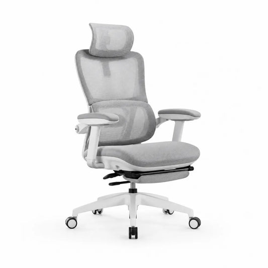 Chaise de bureau ergonomique dossier en maille repose-tête réglable base 5 branches roulettes hauteur réglable 115-125 cm gris blanc noir 60 x 60 cm