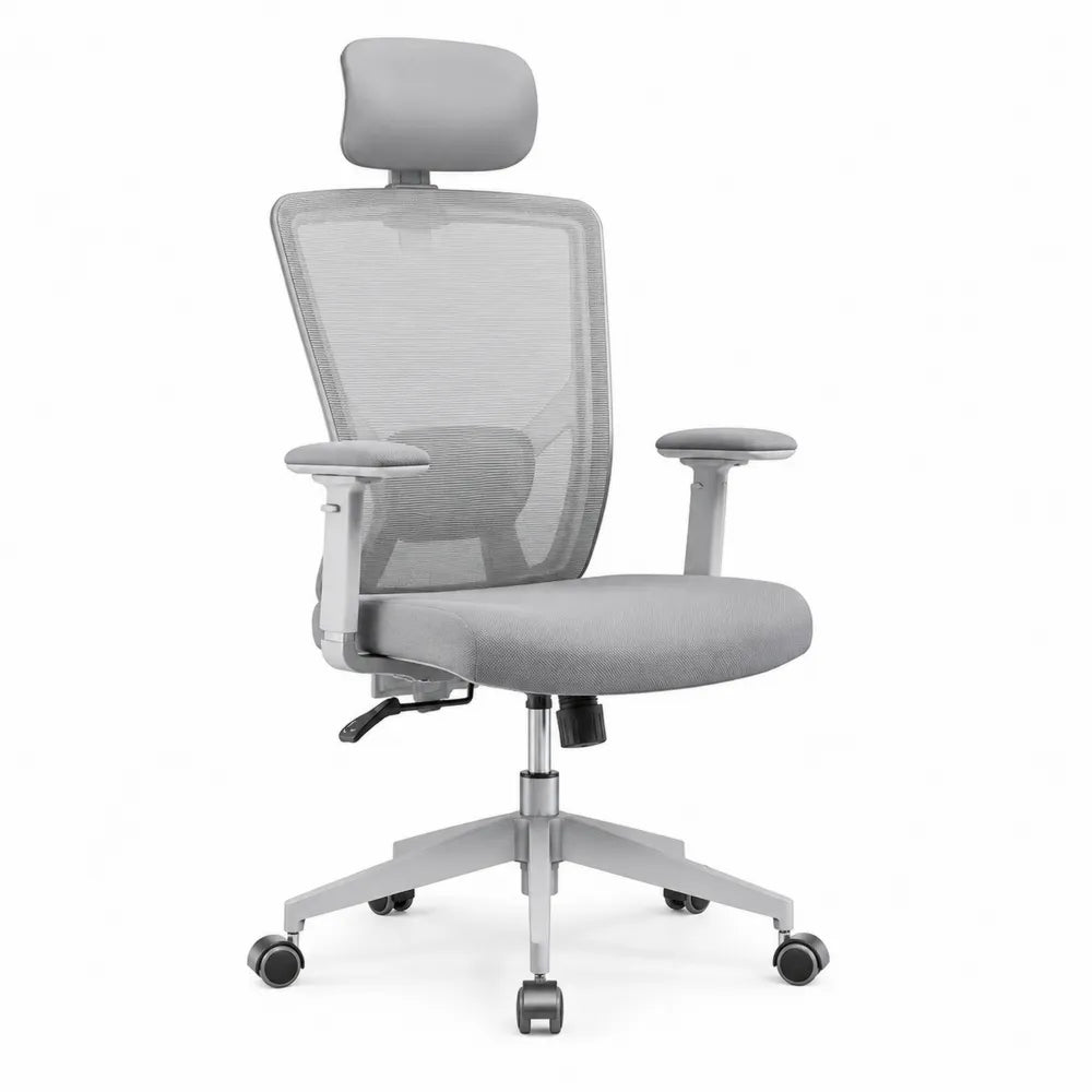 Chaise de bureau pivotante 65 x 65 x 115-125 cm maille respirante dossier avec appui-tête base 5 branches à roulettes gris accoudoirs réglables