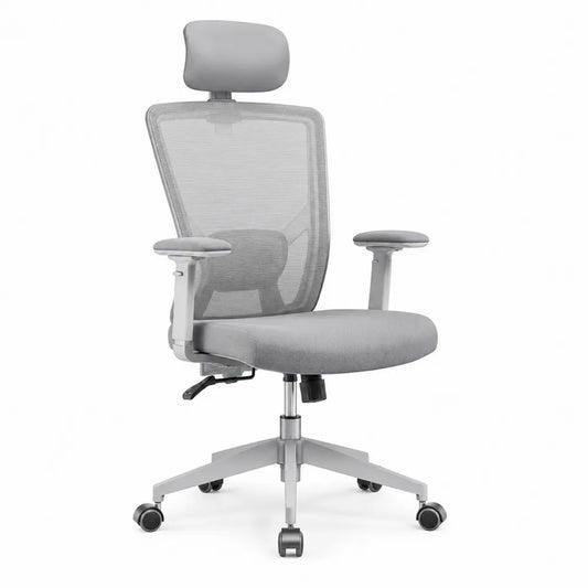 Chaise de bureau pivotante 65 x 65 x 115-125 cm maille respirante dossier avec appui-tête base 5 branches à roulettes gris accoudoirs réglables