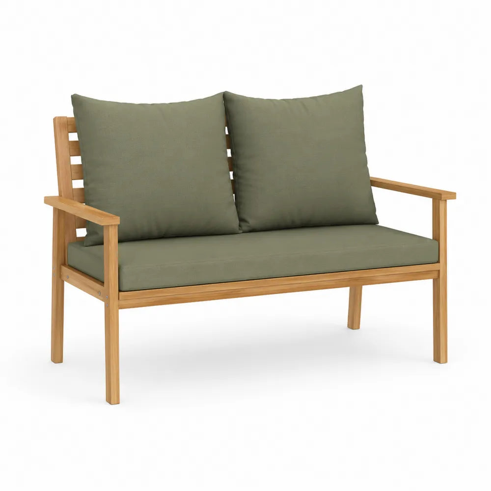 Canapé de jardin 2 places bois d’acacia massif coussins polyester vert olive 130 x 70 x 80 cm