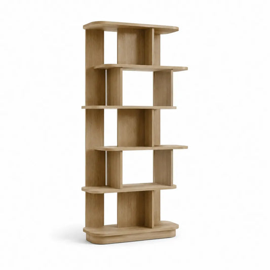 Étagère sur pied bois MDF mélaminé chêne clair rangement vertical asymétrique multi-niveaux 170 x 60 x 30 cm